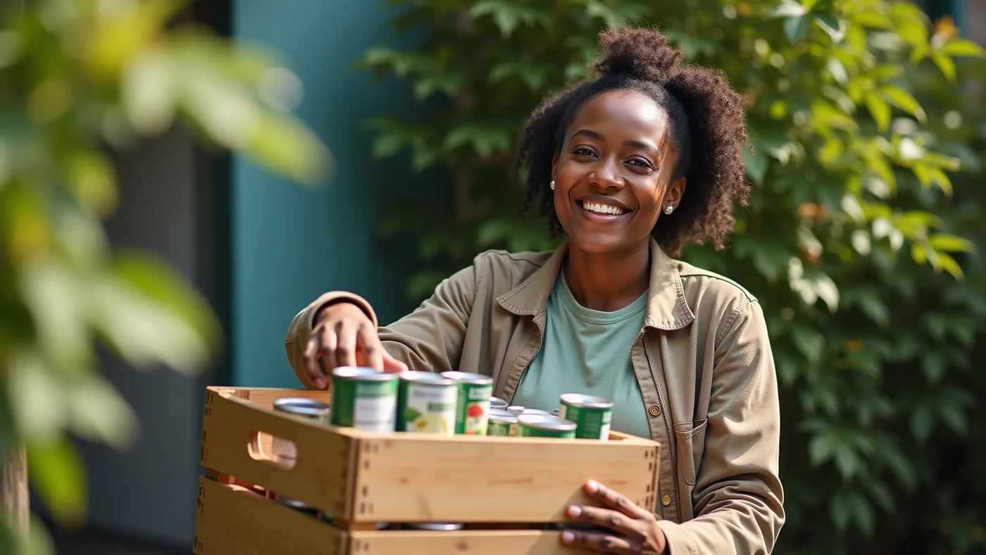 A community member holding a crate of donated food