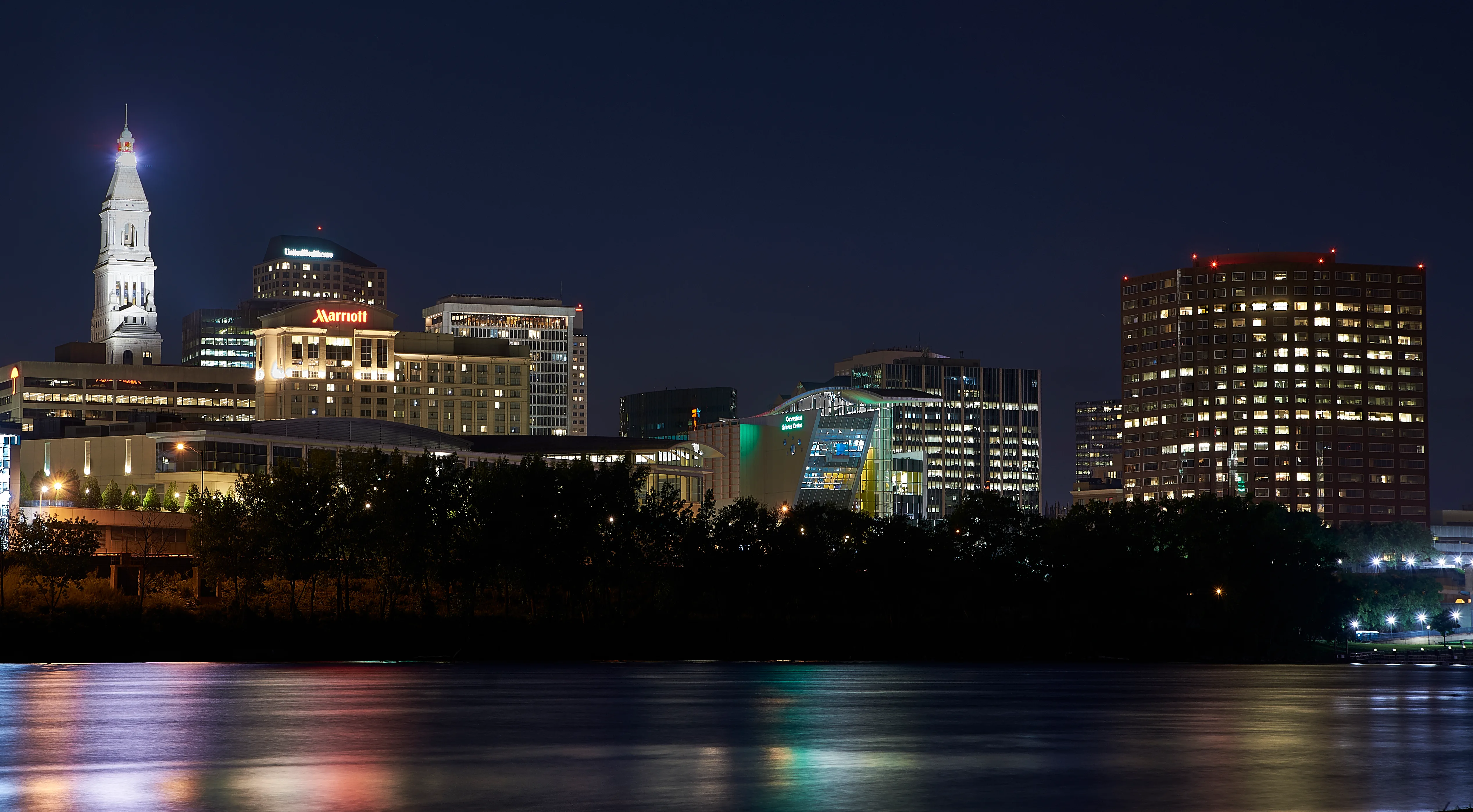 Hartford skyline at night from Great River Park in East Hartford, Connecticut